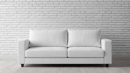White sofa on clean white bricks wall. White living room.