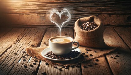 Romantic cup of coffee with heart shape smoke and coffee beans on burlap sack on old wooden background