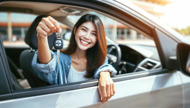 Car rental concept - Cheerful woman with new auto keys - Delightful buyer's experience in vehicle industry