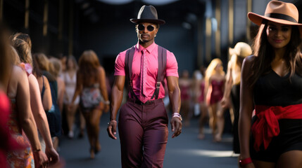 African man model in pink shirt and hat presents a collection of clothes by designer in fashion week.