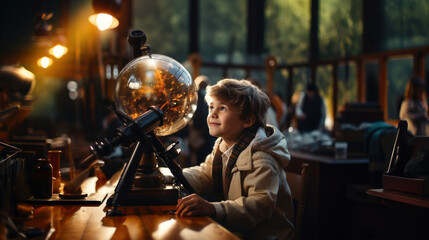 Little boy looking through a telescope at the world globe. Children exploring the world in science class. - Powered by Adobe