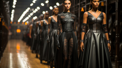 Fashion models in black leather dress walk in row at podium.