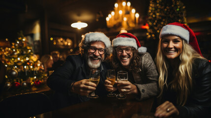 Goup of three friends celebrating christmas at the bar.