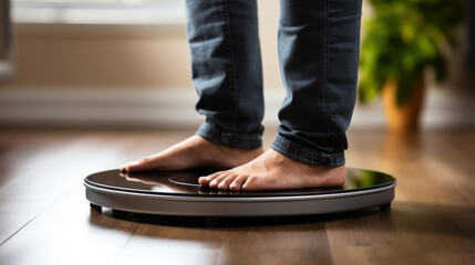 Close up of barefoot woman in jeans standing on a weight scale in the living room.