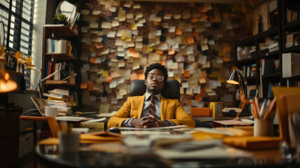 African american businessman in yellow suit sitting at his desk in office.