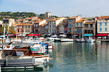Rows of yachts and boats along shore in Cassis, south of France.