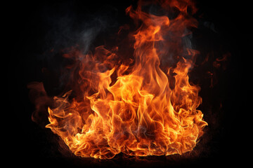 Fire flame and smoke at night, abstract burning pattern isolated on black background. Concept of texture, nature, campfire, bonfire, fireplace