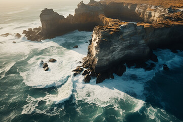 cliffs on the ocean with waves in background, in the style of detailed imagery, primitivist, Australian landscapes, dark turquoise and light amber, inspired by national geographic photo