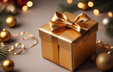 Christmas gift box with golden bow and decoration on bokeh background