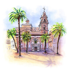 Watercolor sketch of Church of Santiago in Cadiz, Andalusia, Spain. - obrazy, fototapety, plakaty
