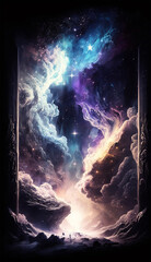 Vertical poster with a portal facing the deep space nebula. Gateway to the abyss of the cosmos. Mystical passage to another dimension