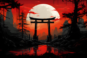 landscape in Japanese style with an abstract of an ancient torii gate,