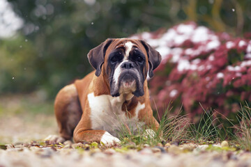 Cute fawn and white Boxer dog posing outdoors in a garden lying down on stones while snowing in autumn