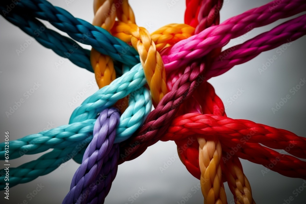 Poster different ropes are woven into a knot. teamwork concept. background with selective focus and copy sp