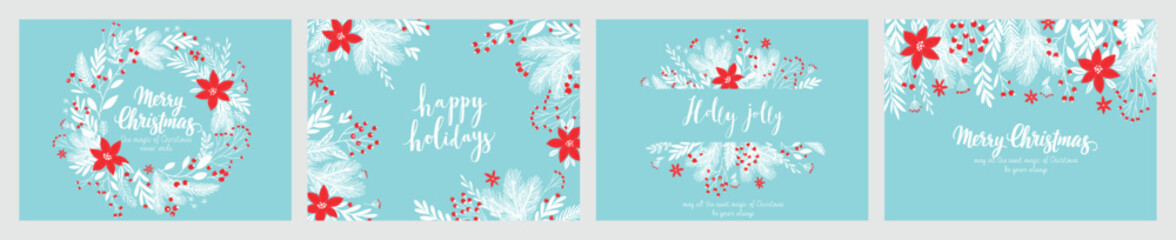 Christmas card set - hand drawn floral flyers. Lettering with Christmas decorative elements.