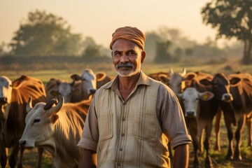 Old cowboy on the farm. Portrait with selective focus and copy space