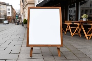 Blank mock up of vertical street poster billboard on city background. blank white with wooden frame signboard