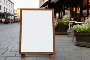 Blank mock up of vertical street poster billboard on city background. blank white with wooden frame signboard