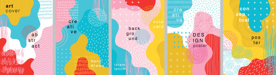 Abstract design poster set, trendy graphic cards with geometric elements, wavy background, hand drawn collection.