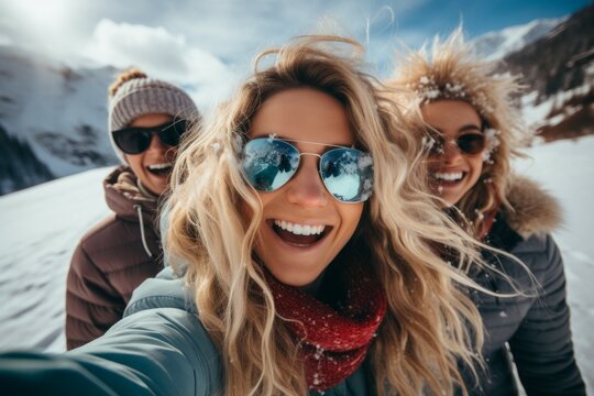 Woman with friends on winter holidays in the mountains. Merry Christmas and Happy New Year concept. Portrait
