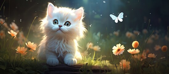 The abstract background design isolated in nature showcases a beautiful art illustration of a cute white cat and a cartoon butterfly creating a happy and whimsical digital composition