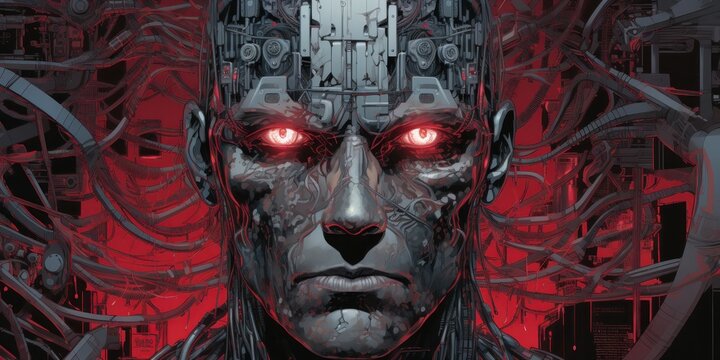 an artistic rendering of the human head over the circuit, in the style of cyberpunk imagery, detailed comic book art, dark silver and light red, generative AI