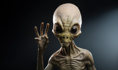 Un alien nous salue en faisant un signe de bonjour avec sa main