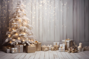 Winter Romance: Snow-Dusted Christmas Tree on Wooden Backdrop with Light Brown and Gold Accents
