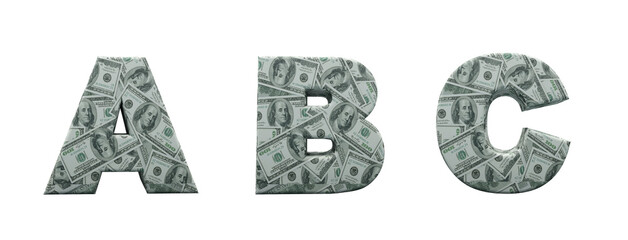 Money alphabet. Letters A, B, C, formed with 100 dollar bills. Font in 3d render isolated on white background, with clipping saved.