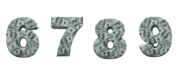 Money alphabet. Numbers 6, 7, 8, 9, formed with 100 dollar bills. Font in 3d render isolated on white background, with clipping saved. - obrazy, fototapety, plakaty