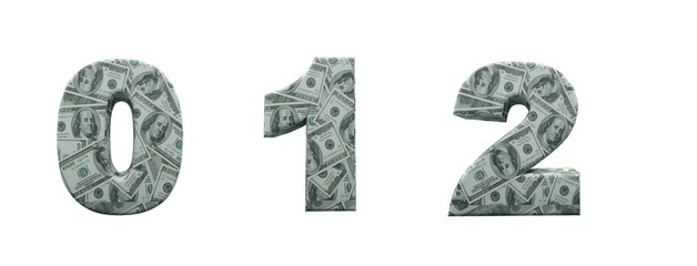 Money alphabet. Numbers 0, 1, 2, formed with 100 dollar bills. Font in 3d render isolated on white background, with clipping saved.