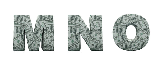 Money alphabet. Letters M, N, O formed with 100 dollar bills. Font in 3d render isolated on white background, with clipping saved.