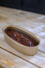 choco brownies in pan on the wooden table