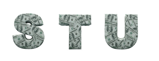 Money alphabet. Letters S, T, U, formed with 100 dollar bills. Font in 3d render isolated on white background, with clipping saved. - obrazy, fototapety, plakaty
