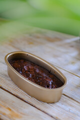 choco brownies in pan on the wooden table