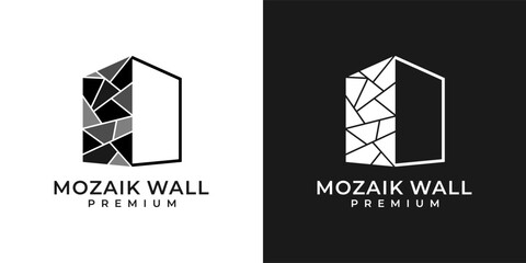 Mosaic wall decoration logo with building icon symbol. custom wall decoration vector logo. Vector logo template of wall, work, decoration, tiles, cracked, building, construction, office, company.