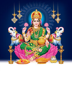 Calendar design of godess Mahalakshmi on colorful background wallpaper , God of wealth on lotus with white elephants