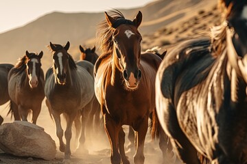 Beautiful brown horse on the background of a herd of wild horse