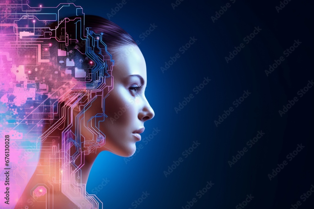 Poster artificial intelligence in humanoid head with neural network thinks. ai with digital brain is learni