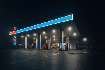 Gas station at foggy night