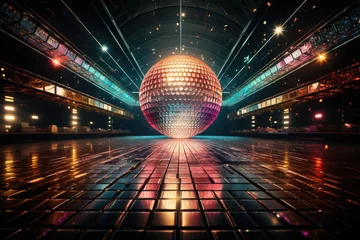 Fotobehang A concert dance stage of the 70s disco era with a shimmering disco ball and neon lights © Irina Beloglazova