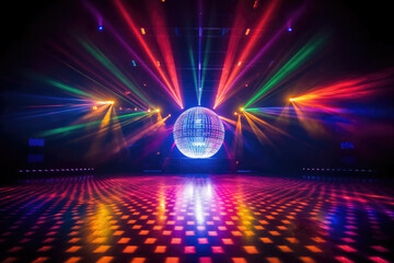 A concert dance stage of the 70s disco era with a shimmering disco ball and neon lights - obrazy, fototapety, plakaty