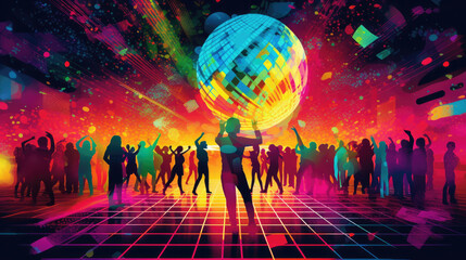 Colorful disco dancefloor poster, illustration