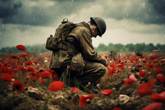 A soldier sitting in a field of poppies remembering those who lost their lives for peace during war