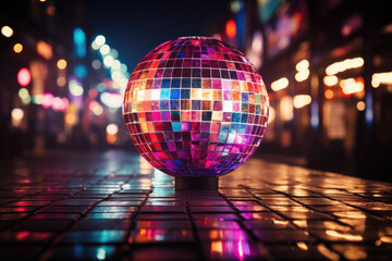 A concert dance stage of the 70s disco era with a shimmering disco ball and neon lights - obrazy, fototapety, plakaty