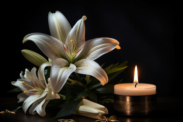 A serene image presents a beautiful lily alongside a burning candle set against a dark background. Generative Ai.