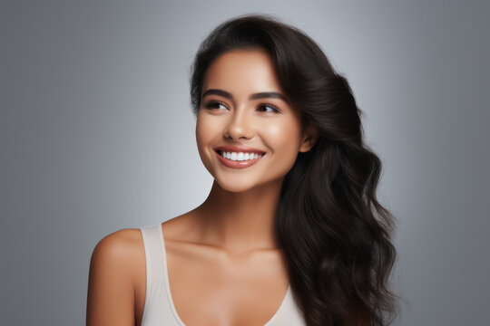 A closeup portrait photograph showcases a beautiful young Latin Hispanic model woman, wearing a smile that accentuates her clean teeth. Generative Ai.