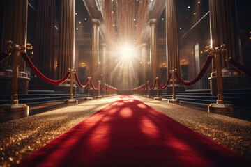 A red carpet unfurls in preparation for a glamorous movie premiere, creating a captivating backdrop. Generative Ai.