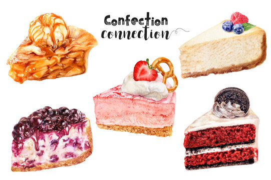 Watercolor illustration of sweet cake desserts close up. Design template for packaging, menu, postcards.