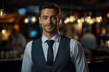 Fototapeta premium A smiling and attractive salesman or cashier is dedicated to serving customers efficiently and cheerfully. Generative Ai.